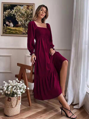 Womens Solid Color Smocked Long Sleeve Tiered Maxi Dress SIZE S-4XL